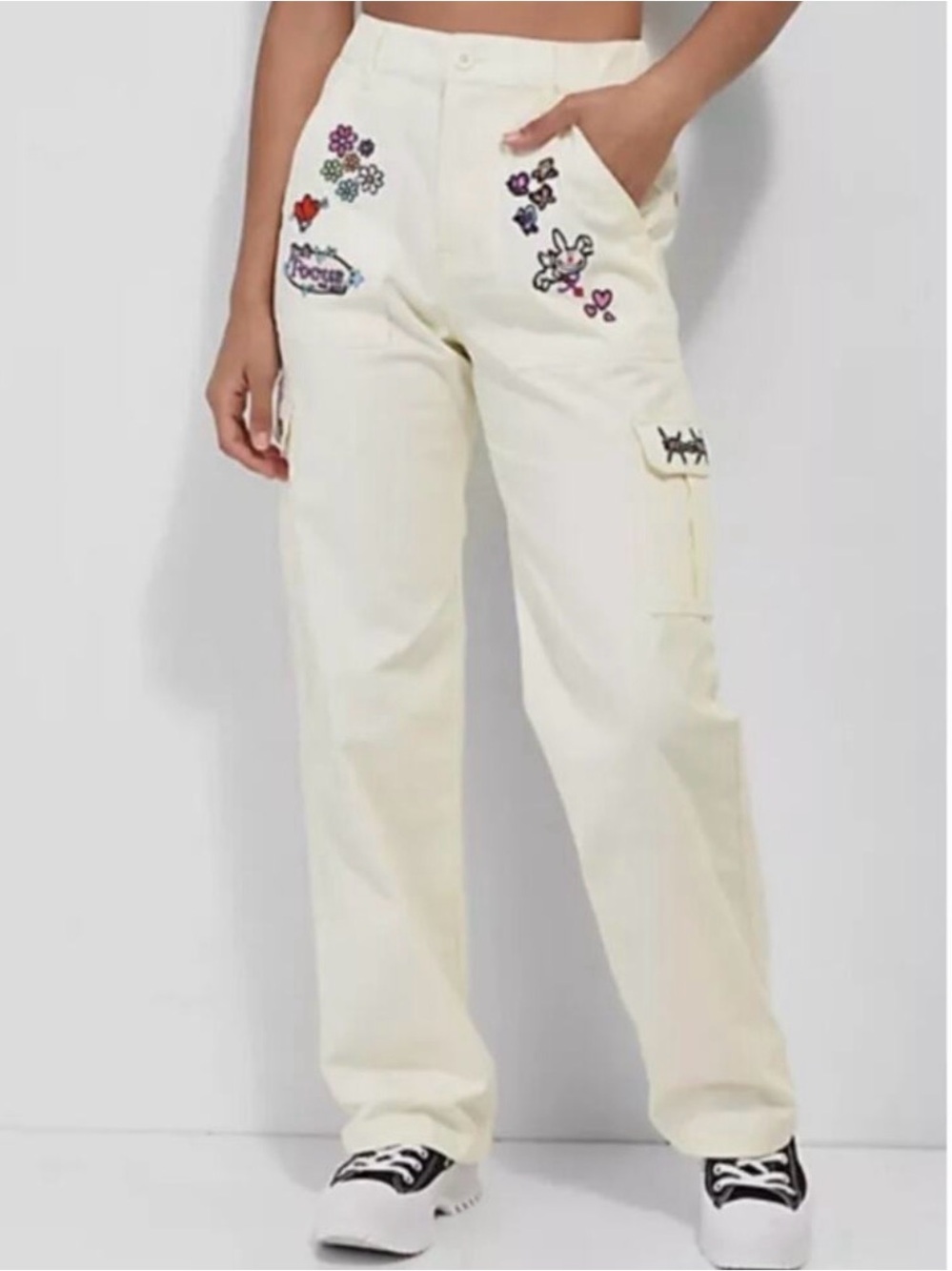 BROKEN PROMISES Cream Embroidered Boyfriend Jeans with Patch Details